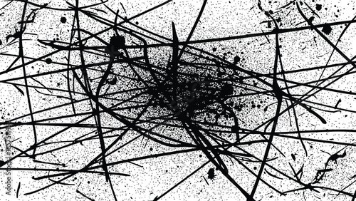 Dynamic black lines and splatters on white background