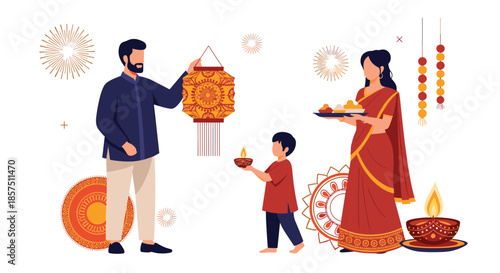 An Indian family celebrates a festive occasion, decorating with lanterns, lighting diyas, and sharing traditional sweets.