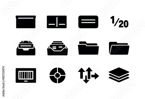 Slide Organization Icons. Slide organization. Solid icon set of Slide organization: labeled slide, slide divider, index card, slide numbering icon, catalog