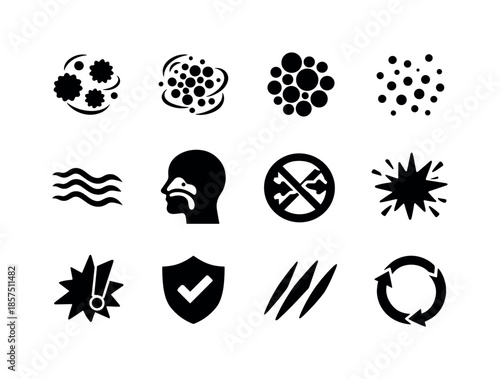 Allergy Icon Set. Spring allergies. Solid icon set of abstract allergy motifs: airborne particles, swirling pollen, clustered dots, scatter pattern, wave