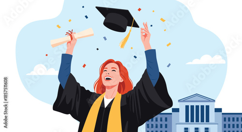 A joyful woman celebrates her graduation, holding a diploma and tossing her cap in the air with confetti, against a backdrop of a university building.