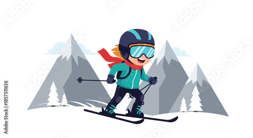 A cheerful cartoon skier with a helmet and goggles navigates a snowy mountain slope, enjoying a fun and active winter sport.