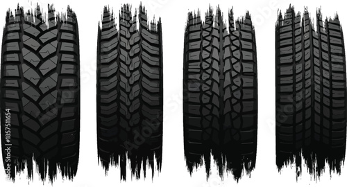 Four different car tires with unique tread patterns