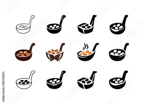 Cooked Beans Icons. cooked beans. Icon set. Set Logo of cooked beans: bean ladle. harmonious logo variations of the same emblematic concept, each