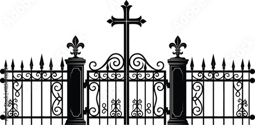Ornate iron gate with cross and fleur de lis finials