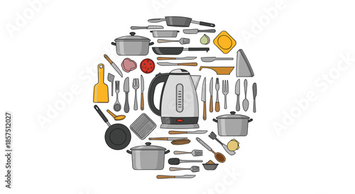 A comprehensive collection of kitchenware and cooking utensils, including pots, pans, and an electric kettle, arranged in a circular pattern.