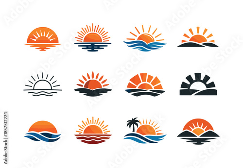 Radiant Sun Icons. Sunset. Icon set. Set Logo of sunset: radiant sun beams icon. harmonious logo variations of the same emblematic concept, each with different
