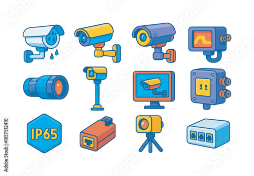 Colorful Security Camera Icons. Industrial security cameras. Colorful flat vector icons set of industrial security cameras: weatherproof cam, heavy-duty mount,