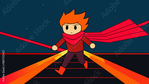A vibrant digital art illustration captures a minimalist cartoon character with spiky orange hair and a red scarf running quickly across a futuristic glowing road under a starry night sky.
