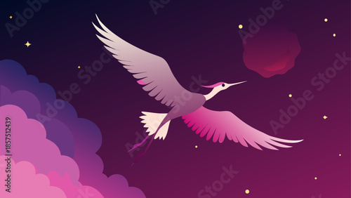 Ethereal purple and pink bird illustration of a majestic crane flying gracefully through a vibrant starry night sky with mystical clouds