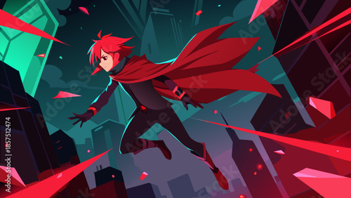 Vibrant Digital Art Illustration Capturing a High-Speed Anime Hero with Red Hair and a Flowing Red Cape Leaping Dynamically Through a Futuristic City