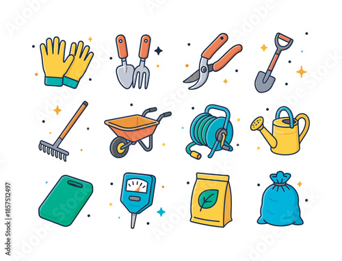Colorful Garden Tools Icons. Garden maintenance tools. Colorful isometric vector icons set of Garden maintenance tools: garden gloves pair, hand trowel and