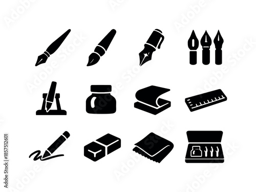 Calligraphy Tools Icons. Calligraphy Tools. Solid icon set of Calligraphy Tools: dip pen, brush pen, fountain pen, metal nibs, pen holder, ink jar, blotting