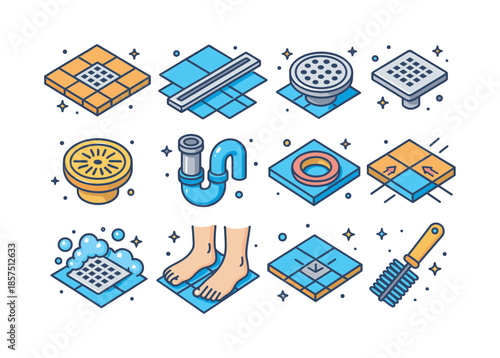 Colorful Bathroom Drain Icons. Bathroom floor drain details. Colorful isometric vector icons set of bathroom floor drain details: tile in square drain, linear