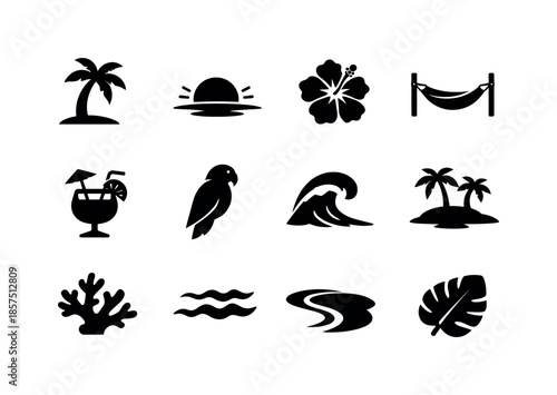 Tropical Sunset Icons. Tropical sunset. Solid icon set of tropical sunset: coconut tree, sun on horizon, tropical flower, beach hammock, fruit drink, parrot