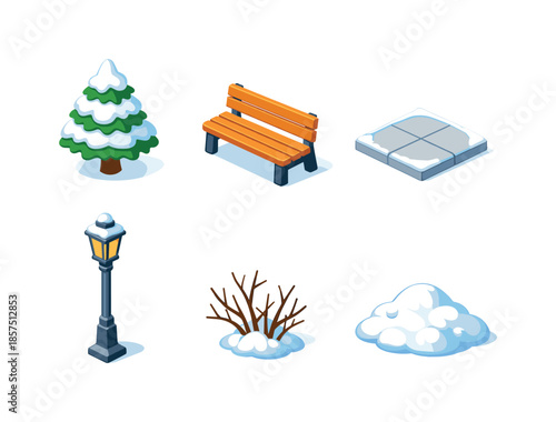 Winter Park Icons. Winter park. Isometric flat vector icons set of Winter park: snow-covered tree, park bench, pathway tile, lamp post, bare bush, snow pile.