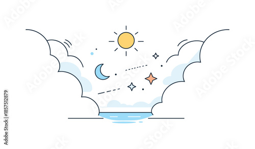 Hopeful Cloud Break. Clouds clearing illustration. A soft abstract scene with light shapes opening up as cloud-like forms drift apart, revealing calm space.