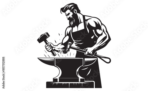 Muscular blacksmith working diligently at an anvil with hammer and tongs