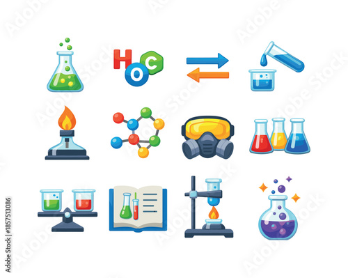 Chemistry Icons Grid. Chemistry Experiment. Colorful flat vector icons set of Chemistry Experiment: bubbling flask, chemical symbols, reaction arrows, test