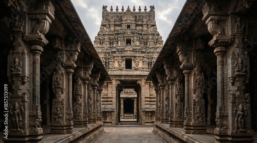 Ancient Indian temple with intricately carved pillars and tower