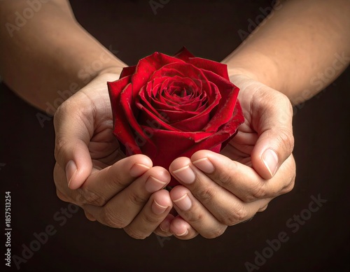 Hands gently hold a vibrant, blooming, red rose