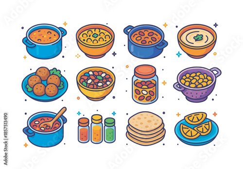Colorful Legume Recipe Icons. Legume-based recipes. Colorful isometric vector icons set of Legume-based recipes: pot of lentil soup, chickpea curry bowl, bean