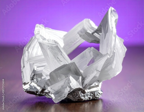 Selenite crystal cluster on dark base against purple