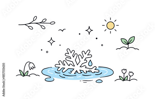 Melting Snowflake Poise. Last snowflake concepts. Calm editorial illustration capturing a melting snowflake on the ground, quiet and poetic mood. Subtle