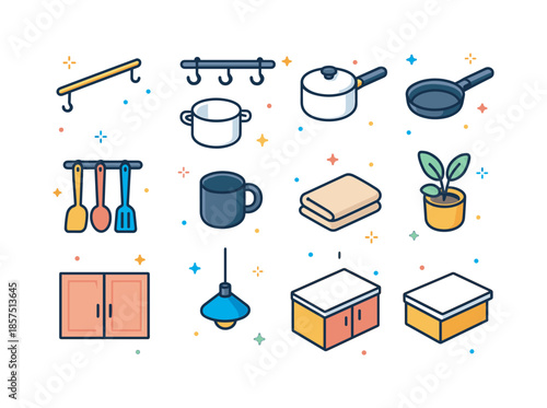 Isometric Kitchen Essentials. Modern minimalist pot rack. Colorful isometric vector icons set of modern minimalist pot rack: slim metal bar, matte black hooks,