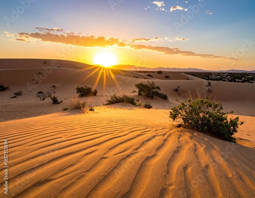 Desert dunes ripple under warm sunset, sky above