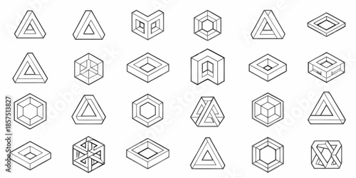 Optical illusions featuring geometric shapes and impossible constructions in black and white