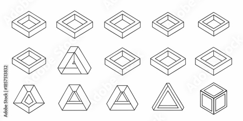 Isometric shapes and optical illusions line drawings of cubes and triangles