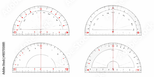Four protractors displayed with degree markings and a linear scale