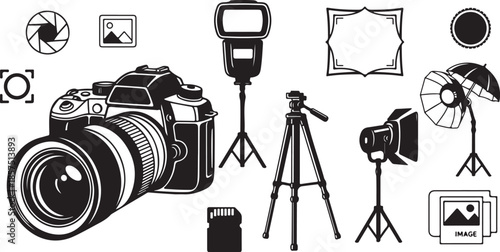 Photography equipment and accessories on a white background illustration