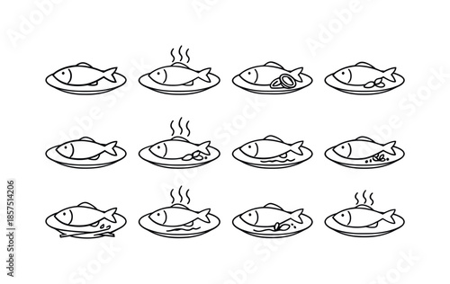 Minimal Fish Icons. Minimal Steamed Fish. Line icon set of Minimal Steamed Fish: simple fish outline, clean plate fish, minimal garnish fish, flat design fish