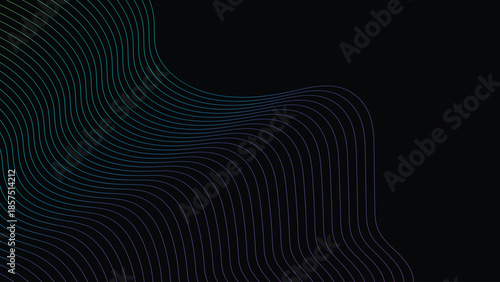Modern abstract black background with smooth flowing contour lines. Minimal futuristic wave pattern design suitable for technology, luxury branding, digital wallpaper, presentations, posters, websites