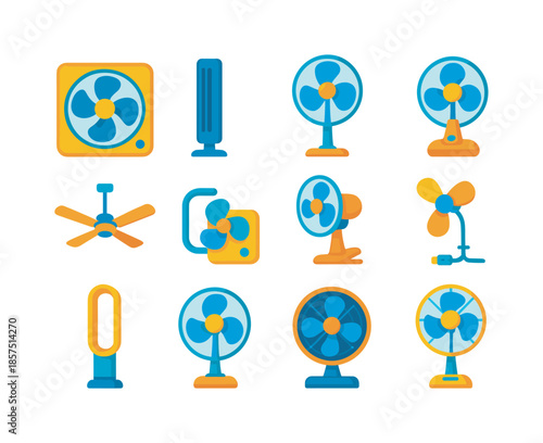 Colorful Fan Icons. Electric fans. Colorful flat vector icons set of electric fans: box fan, tower fan, pedestal fan, table fan, ceiling fan, camper fan,