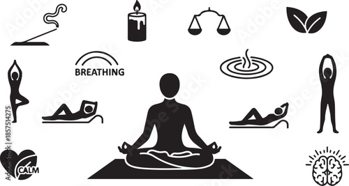 Black and white icons representing different aspects of meditation and wellness practices