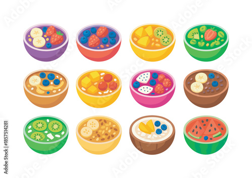 Colorful Smoothie Bowls Icons. Smoothie bowls. Colorful flat vector icons set of smoothie bowls: acai bowl, berry bowl, tropical bowl, green bowl, peanut