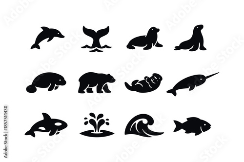 Marine Mammals Icons. Marine mammals. Solid icon set of marine mammals: dolphin silhouette, whale tail, seal silhouette, sea lion silhouette, manatee