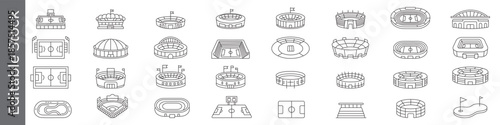 Stadium and sports arena line icon set – editable outline symbols of football field, soccer stadium, arena, grandstand and sports complex