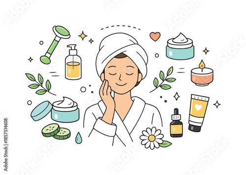 Calm Skincare Ritual. Wellness and Self Care. Woman with a towel on her head and a calm smile, surrounded by skincare items and botanical icons. Friendly and