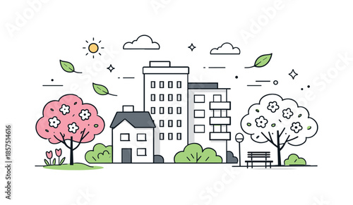 Springtime Urban Harmony. City buildings and spring nature. Simple city architecture combined with blooming trees and floating leaves. Balance between urban