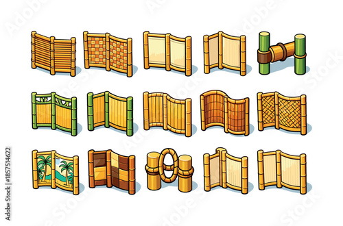Bamboo Screens Icons. Bamboo folding screens. Colorful isometric vector icons set of bamboo folding screens: bamboo slat panel, woven bamboo sheet, natural