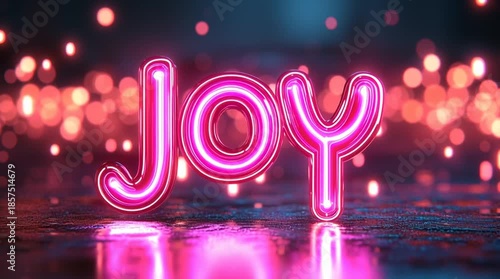Glowing Neon Pink JOY Typography with Soft Breathing Light and Dreamy Pink Bokeh, Celebration Happiness Abstract Background Loop