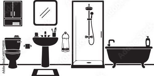Minimalist black and white illustration of essential modern bathroom fixtures