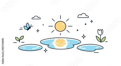 Reflective Spring Puddles. Puddles reflecting sun illustration. Minimal puddles on the ground reflecting soft sunlight, creating a calm spring after-rain mood.
