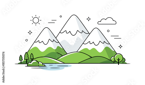 Snowy Mountain Serenity. Snow-Capped Mountains with Green Base. Soft triangular mountain shapes with snow caps blending into bright greenery below. Calm