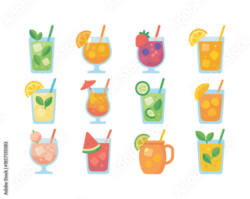Colorful Mocktail Icons. Mocktails. Colorful flat vector icons set of mocktails: virgin mojito, alcohol-free spritz, berry cooler, citrus punch, mint lemonade,
