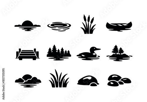 Lakeside Sunset Icons. Lakeside sunset. Solid icon set of lakeside sunset: lake horizon, reflection ripple, reeds, canoe silhouette, wooden dock, forest